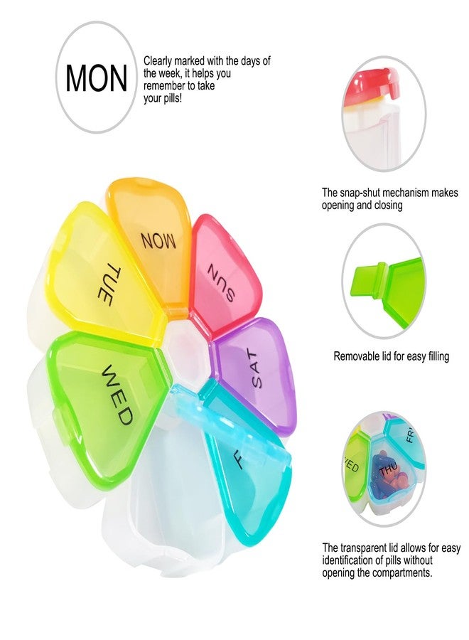 Quacc Cute Weekly Pill Organizer Travel 7 Day Portable Round Floral Pill Case Box Pill Container Medcine Holder for Large Vitamin Fish Oil Pill Medication Supplement Storage - Rainbow - Image 3